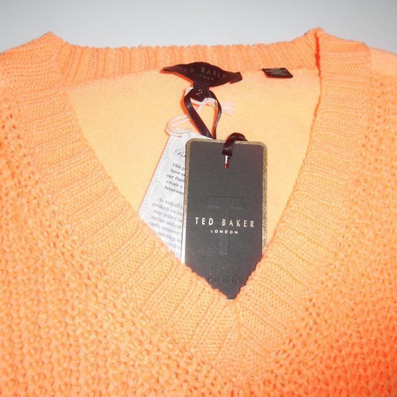 NWT Ted Baker Lills Mix Gauge‎ Bright Neon Orange Sweater Casual V-Neck Pullover - Picture 5 of 7